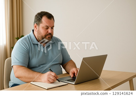 Overweight Middle-aged Man Working from Home 129141624