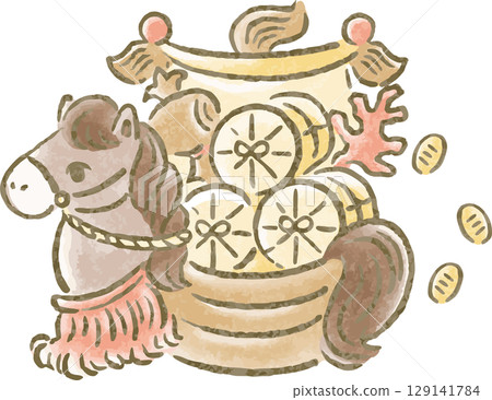 新年賀卡，2026 年新年，寶船，馬年，馬，水彩，手繪，可愛，新年，日式，插圖素材 129141784