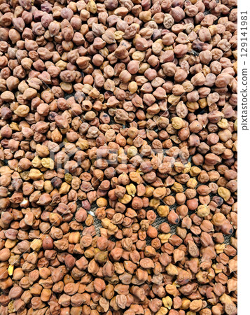 Close-Up of Dried Black Chickpeas (Kala Chana) Spread Out for Drying 129141981