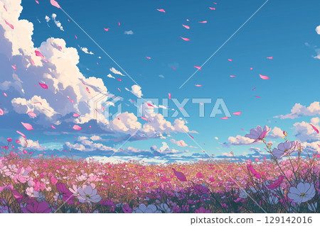 Autumn sky scenery with cosmos dancing | Anime-style fantastic flower field illustration 129142016