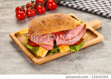 Sandwich ciabatta with mortadella and cheese 129142303