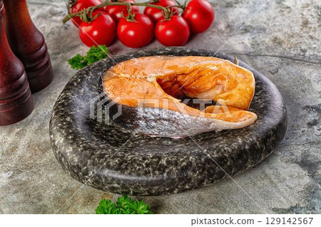 Steamed salmon fish fillet steak 129142567
