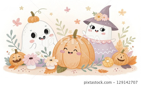 Seamless Halloween pattern featuring cute pastel watercolor ghosts smiling pumpkins autumn flowers Seamless Halloween pattern featuring cute pastel watercolor ghosts smiling pumpkins autumn flowers 129142707