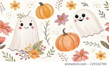 Seamless Halloween pattern featuring cute pastel watercolor ghosts smiling pumpkins autumn flowers Seamless Halloween pattern featuring cute pastel watercolor ghosts smiling pumpkins autumn flowers 129142708