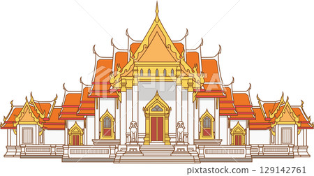 Illustration of Wat Benchamabophit Temple in Bangkok, Thailand 129142761