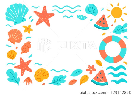 A colorful and fun summer seascape background illustration with starfish and seashells 129142898