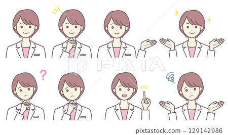 Pose set of a young woman in a white coat (with skin color) 129142986