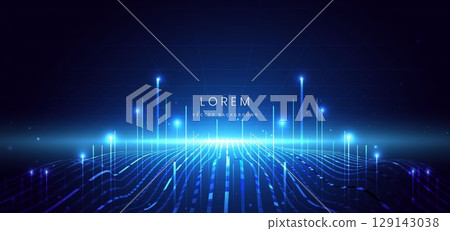 Technology glownig blue light with lighting effect and sparkle on dark blue background. Technology glownig blue light with lighting effect and sparkle on dark blue background. 129143038