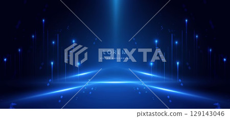Futuristic glowing blue beam on dark blue background. 129143046