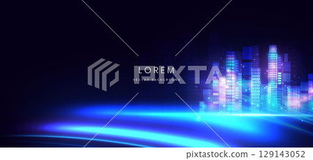 Smart city night skyscrapers on dark blue background. 129143052