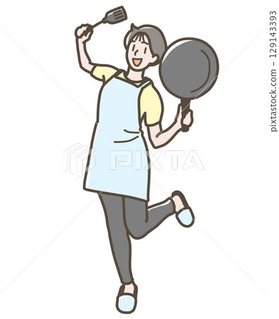 一位幸福的女人拿著煎鍋和鍋鏟的插圖 129143393