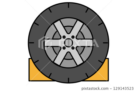 A tire set in a wheel chock, a simple and cute line drawing icon 129143523