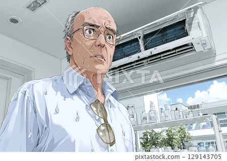 一位老人因空調停止而出汗的插圖素材 129143705