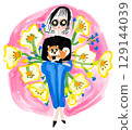 Illustration of a girl holding a Shiba Inu on her lap 129144039