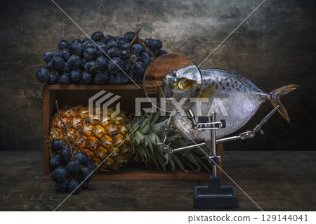 Still life with moonfish, grapes and pineapple Still life with moonfish, grapes and pineapple 129144041