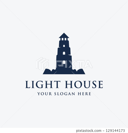 Sea harbor lighthouse tower logo design creative building with spotlights vintage vector template. 129144173