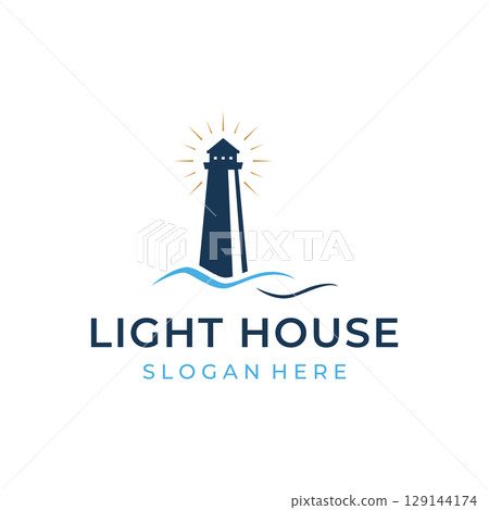 Sea harbor lighthouse tower logo design creative building with spotlights vintage vector template. 129144174