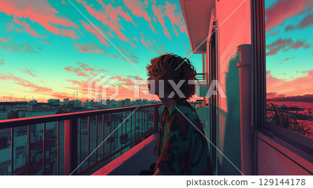 在陽台上看日落的女人 在陽台上看日落的女人 129144178