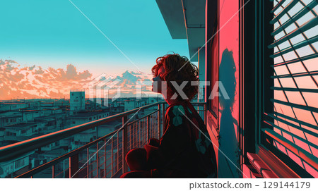 在陽台上看日落的女人 在陽台上看日落的女人 129144179