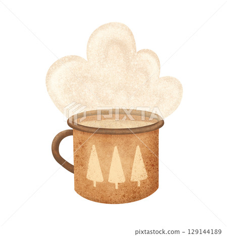 A rustic mug with a tree design, filled with a warm beverage 129144189