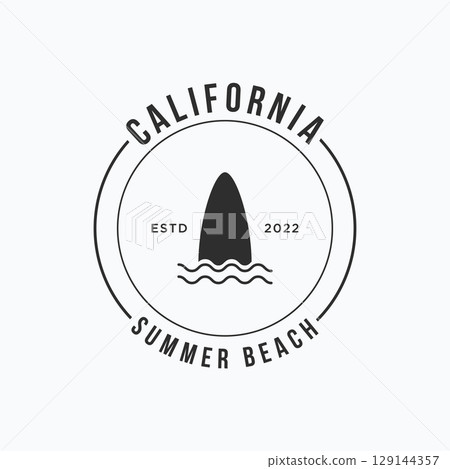 Summer Surfing california logo template retro vintage with surfboard and waves concept.Logo for label, summer holiday, business, badge. 129144357