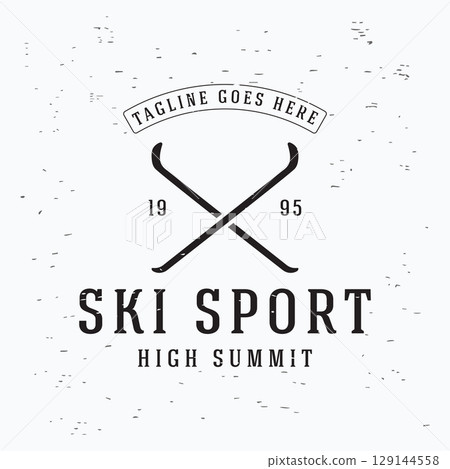 Retro ski sport template Logo element on vintage winter, with skis and mountain.Logo for ski sport, club, badge and label. 129144558