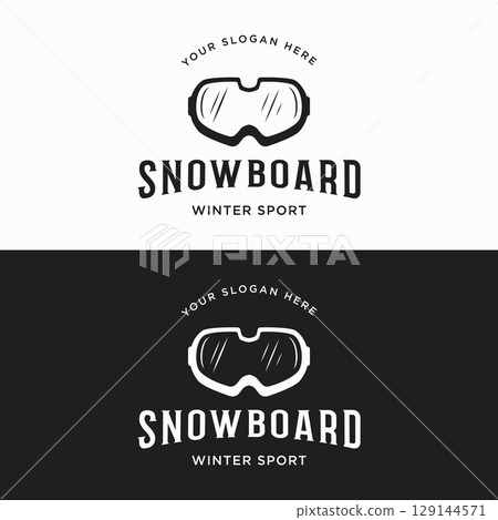 Retro ski sport template Logo element on vintage winter, with skis and mountain.Logo for ski sport, club, badge and label. 129144571