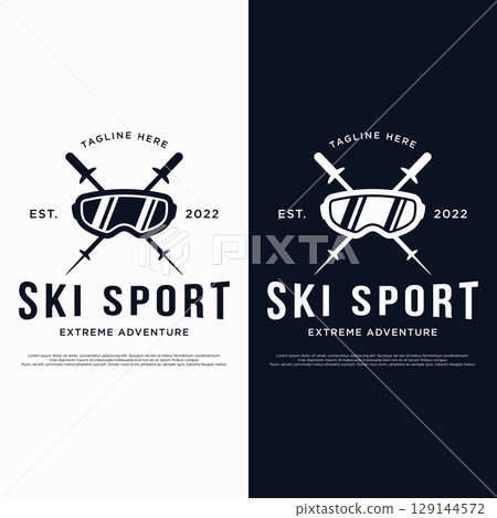 Retro ski sport template Logo element on vintage winter, with skis and mountain.Logo for ski sport, club, badge and label. 129144572
