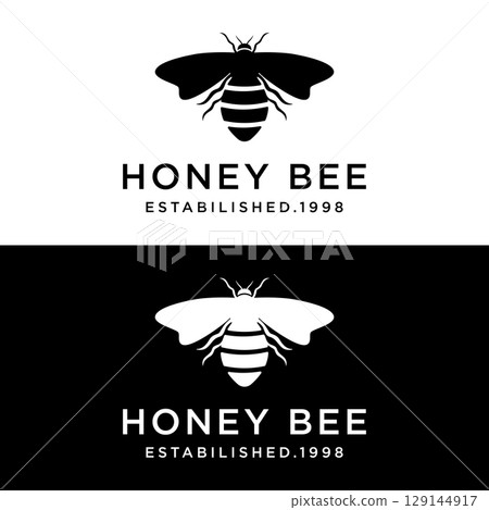 Organic honey bee retro logo design. Logo for honey shop, label, business. 129144917