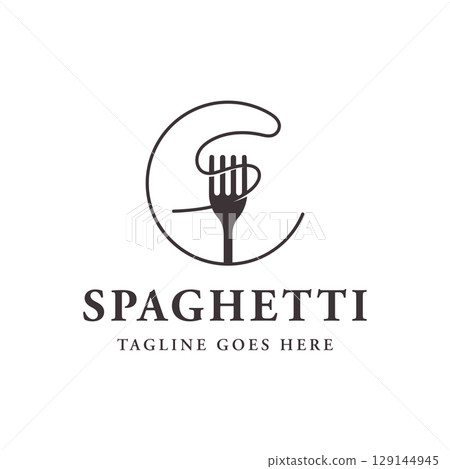 Italian spaghetti logo template design with fork and pasta. Logo for restaurant, business and culinary. 129144945