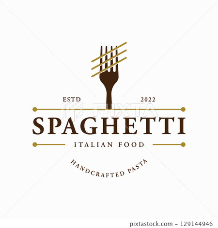 Italian spaghetti logo template design with fork and pasta. Logo for restaurant, business and culinary. 129144946
