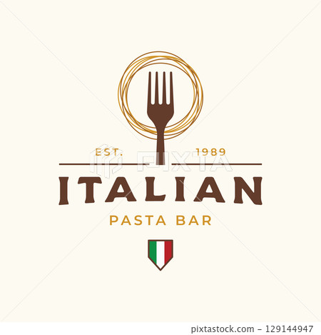 Italian spaghetti logo template design with fork and pasta. Logo for restaurant, business and culinary. Italian spaghetti logo template design with fork and pasta. Logo for restaurant, business and culinary. 129144947