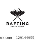 Retro vintage hipster element logo template rafting or kayaking with mountains and forest.Logo for rafting club,sports,adventure and badge. 129144955