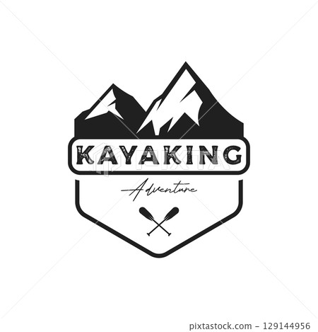 Retro vintage hipster element logo template rafting or kayaking with mountains and forest.Logo for rafting club,sports,adventure and badge. Retro vintage hipster element logo template rafting or kayaking with mountains and forest.Logo for rafting club,sports,adventure and badge. 129144956