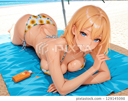 Blonde beauty oiled up on the beach 129145098