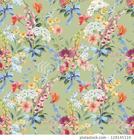 Watercolor and Gouache floral pattern with poppy, foxglove, chicory and buttercups seamless vintage bouquet with blue ribbons and colorful wildflowers on white background. Hand-painted romantic design 129145110