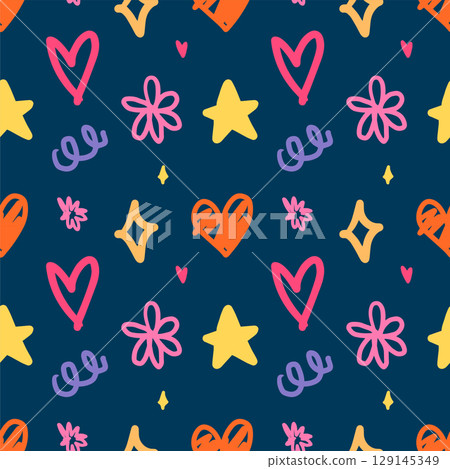 Abstract doodle hand drawn seamless pattern background. Star, heart and flower for wrapping and wallpaper Abstract doodle hand drawn seamless pattern background. Star, heart and flower for wrapping and wallpaper 129145349