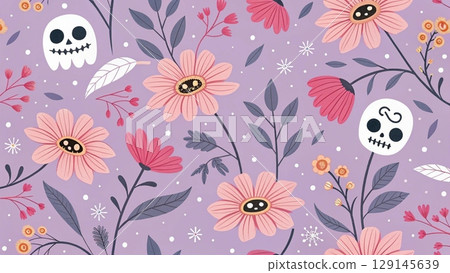 Seamless pattern with white skulls background  129145639