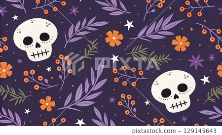 Seamless pattern with white skulls background  129145643