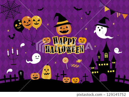 Cute Halloween illustration set with pumpkins, ghosts and bats Cute Halloween illustration set with pumpkins, ghosts and bats 129145752