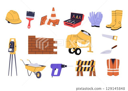 Construction Tools and Equipment Set Illustration Construction Tools and Equipment Set Illustration 129145848