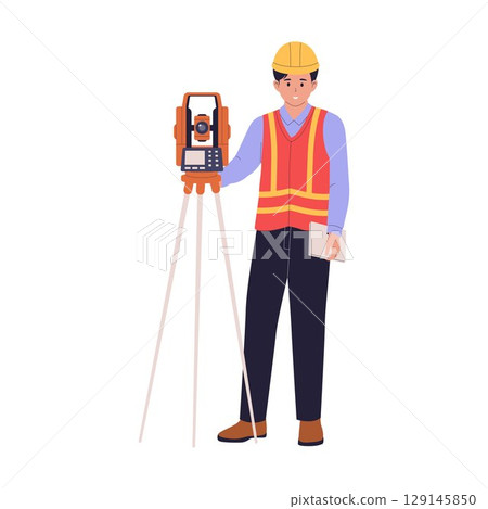 Male Surveyor with Theodolite and Staff Illustration 129145850