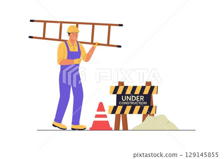 Construction Worker with Ladder and Under Construction Sign Illustration 129145855