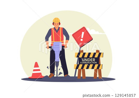 Construction Worker Using Jackhammer Construction Worker Using Jackhammer 129145857