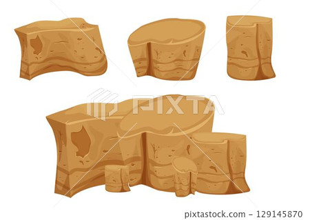 Stone boulders set isolated on white background, detailed drawing in cartoon style with cracked elements for design and ui games. Collection massive constructions.  129145870