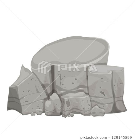 Stone pile, rock construction heavy in cartoon style isolated on white background. Mineral detailed drawing, old textured, boulder decoration. 129145899