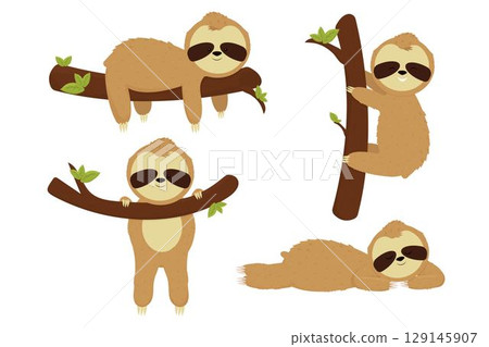 Set sleep, cute sloth isolated on white background. Cartoon bear character rest, hang and relax. Different pose, funny, adorable animal. 129145907