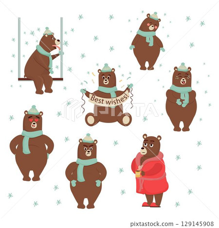 Set of comic bear with scarf and hat, different poses and emotions isolated on white background. Sticker, character collection isolated on white background. Set of comic bear with scarf and hat, different poses and emotions isolated on white background. Sticker, character collection isolated on white background. 129145908
