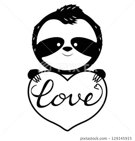 Sloth with heart silhouette in black colour isolated on white background. Romantic, cute bear in cartoon style. Positive symbol. Sloth with heart silhouette in black colour isolated on white background. Romantic, cute bear in cartoon style. Positive symbol. 129145915