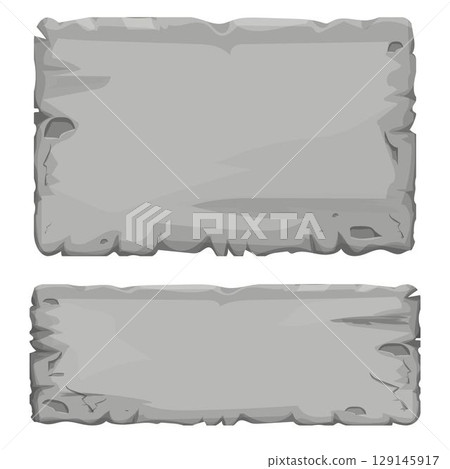 Set of Stone tablet, rock banner with cracked elements in cartoon style isolated on white background. Grey frame, block boulder for interface ui games. Set of Stone tablet, rock banner with cracked elements in cartoon style isolated on white background. Grey frame, block boulder for interface ui games. 129145917